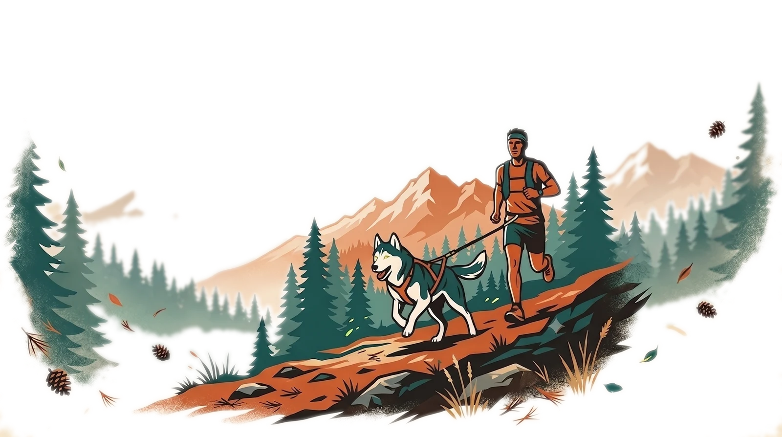 A trail runner running with a husky on a leash along a forested mountain trail